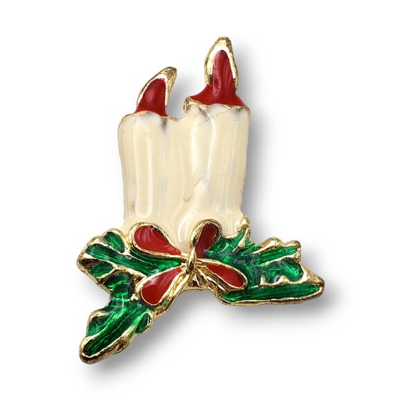 Vintage Christmas Enamel Candles With Holly Gold Tone Brooch Pin C Clasp - Picture 1 of 4